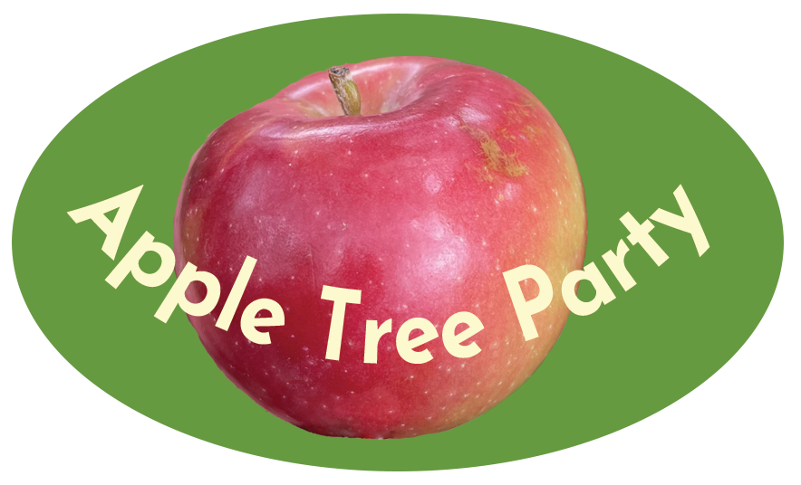 fruit sticker icon reading Apple Tree Party, Rose VG