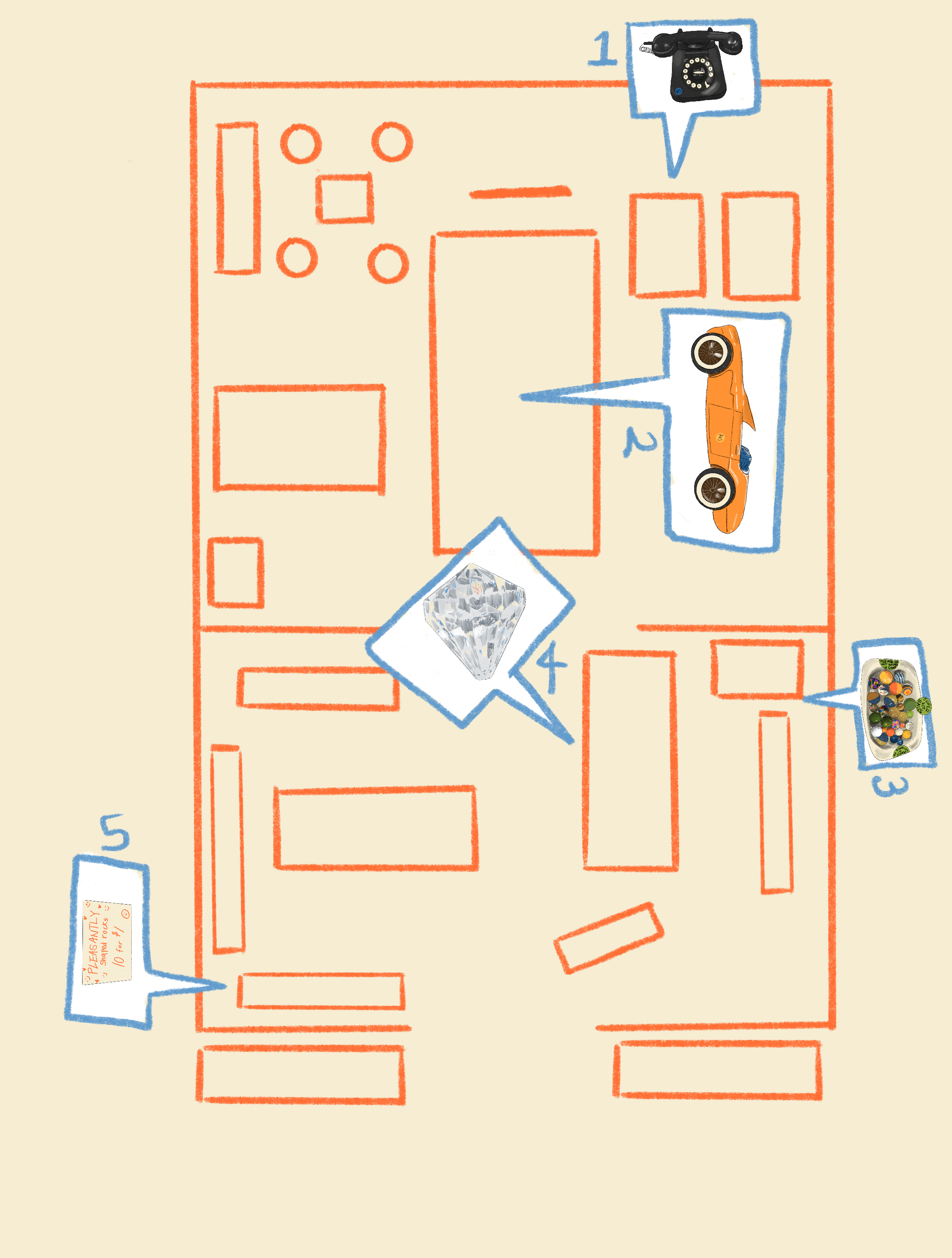 A rough map of the layout of No Particular Hours. The lines are red on a cream background. There are bubbles with numbers next to them that indicate the approximate location of various objects.