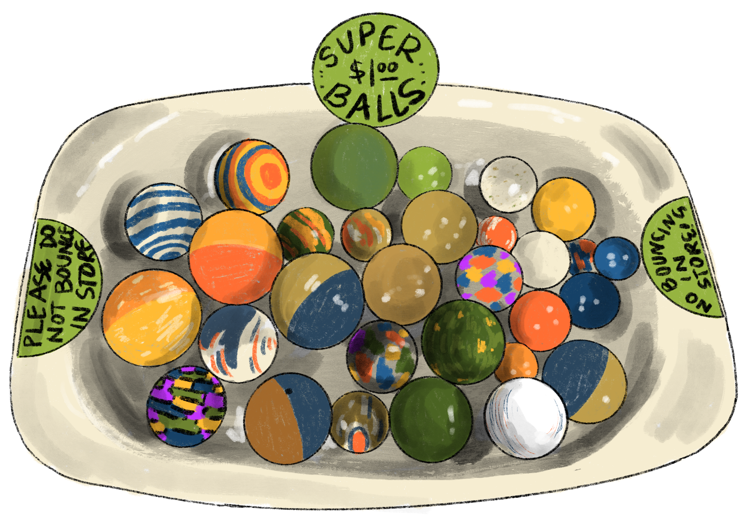 An illustration of a tub of various colored/patterned super balls.